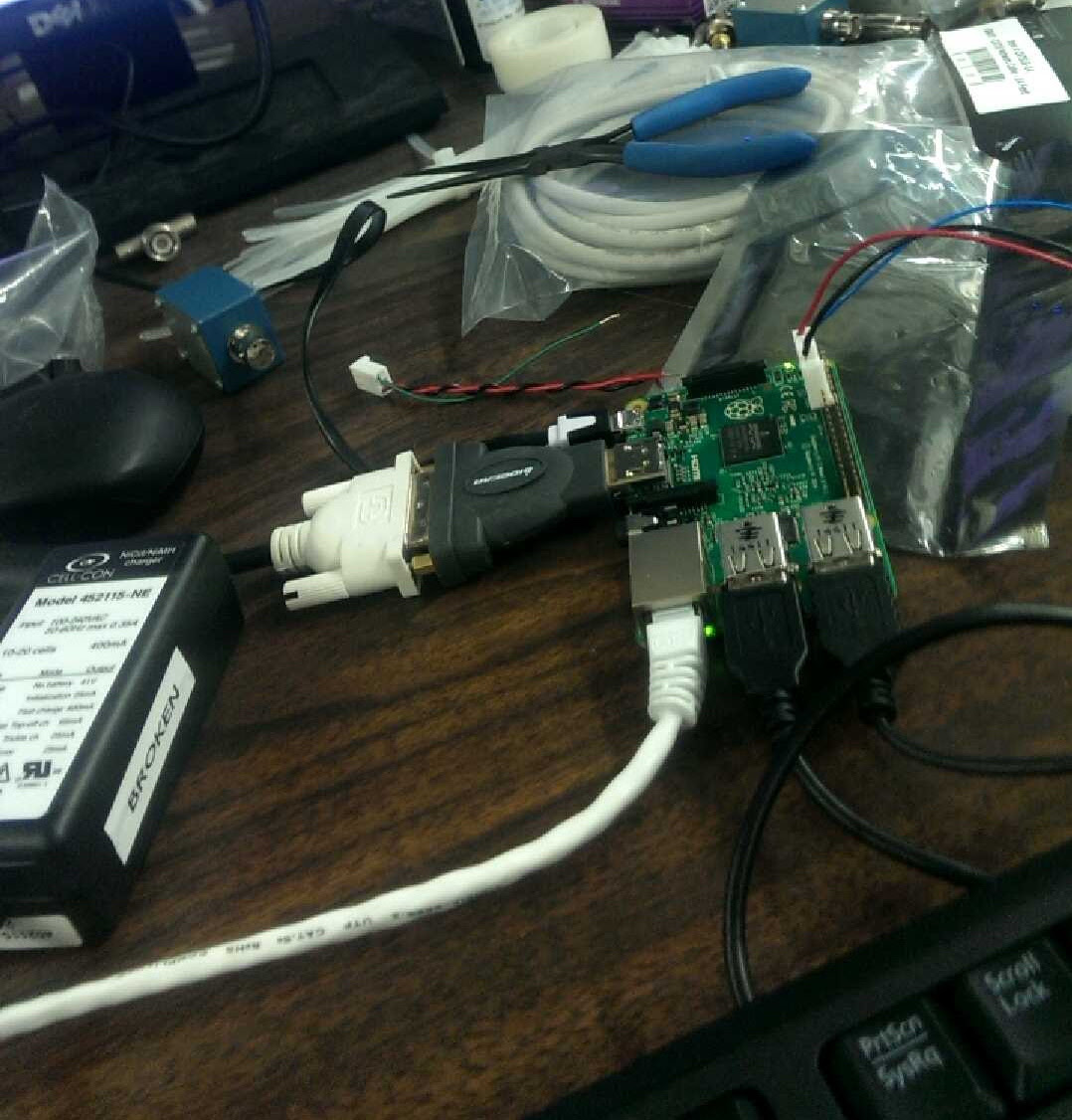 Raspberry pi on a cluttered desk in the lab